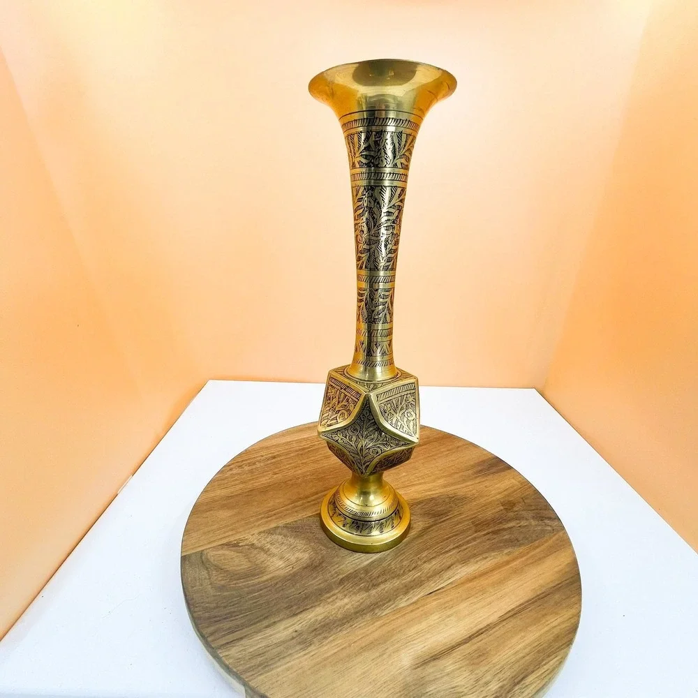 Vintage‎ Floral Brass Pedestal Vase - Made in India